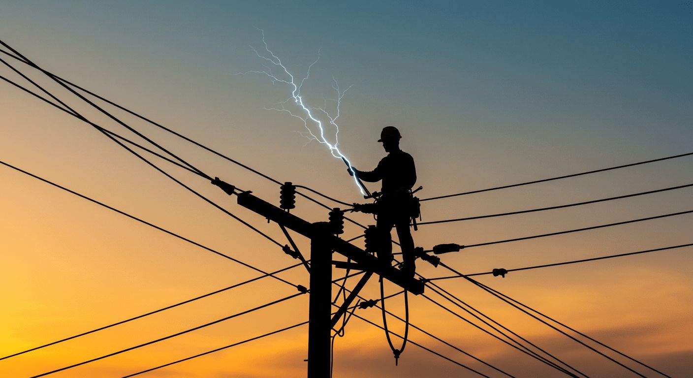 Electrician working on a power line with a subtle lightning bolt in the background, representing the International Brotherhood of Electrical Workers (IBEW).