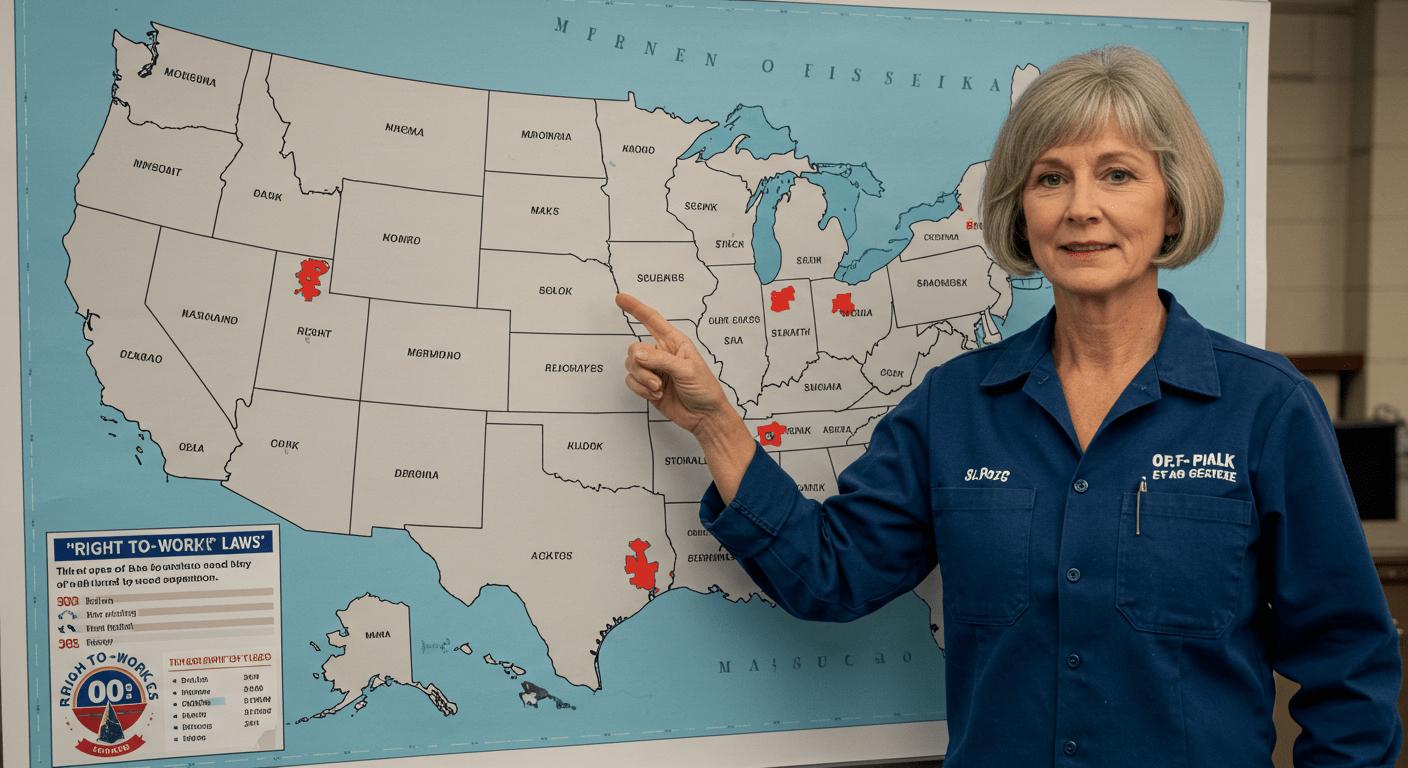 Map of the United States with right-to-work states highlighted in a different color, symbolizing states where union membership is not required for employment.