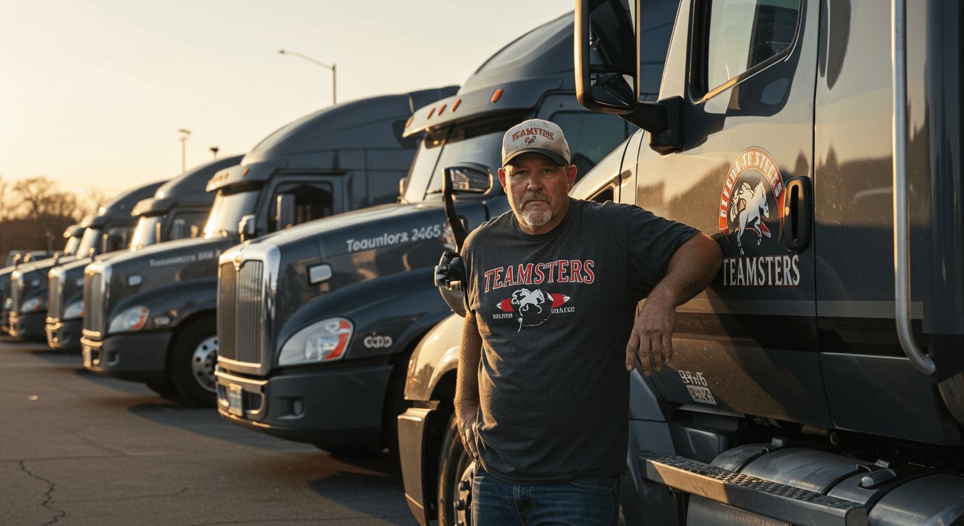 A row of semi-trucks with the iconic Teamsters horse-head logo in the background, symbolizing the transportation and logistics industry workforce.
