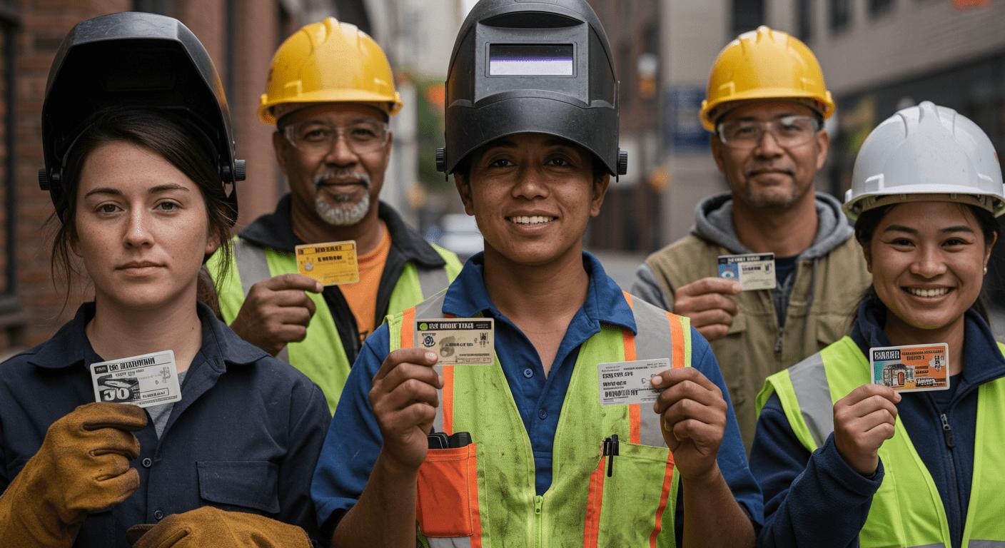 A group of workers proudly holding up their union membership cards, symbolizing unity, collective power, and workplace representation.