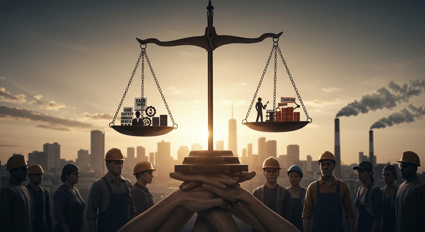 Illustration of a balanced justice scale with workers on one side, symbolizing fair labor laws, union rights, and workplace equality.